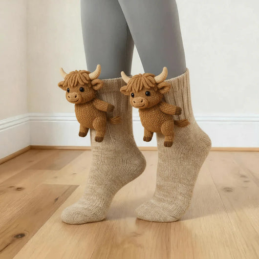 Beige socks with cow-shaped animal figures worn on a wooden floor.